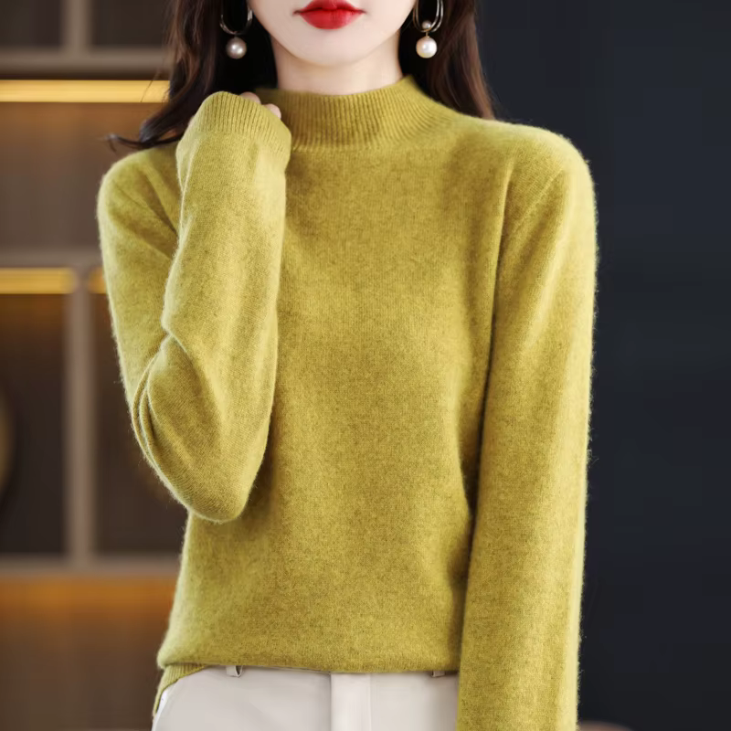 Pull en laine mérinos pour femme, pull sans couture, pull à col mi-haut, base décontractée, cachemir