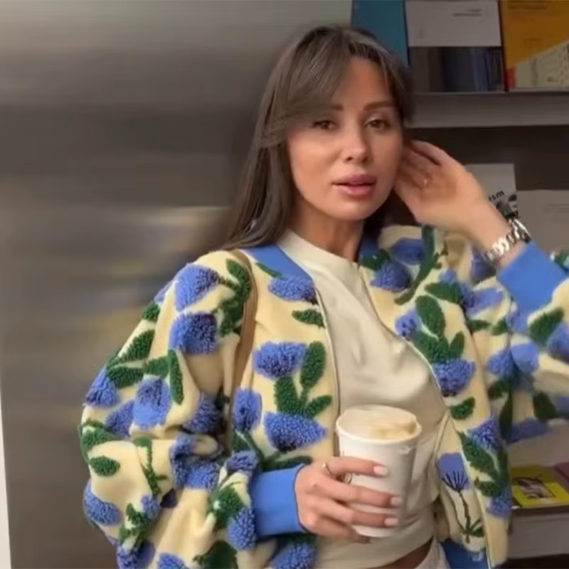 Blouson bomber chic et tendance en polaire à motif floral, zippé, décontracté, pour femme, style rét
