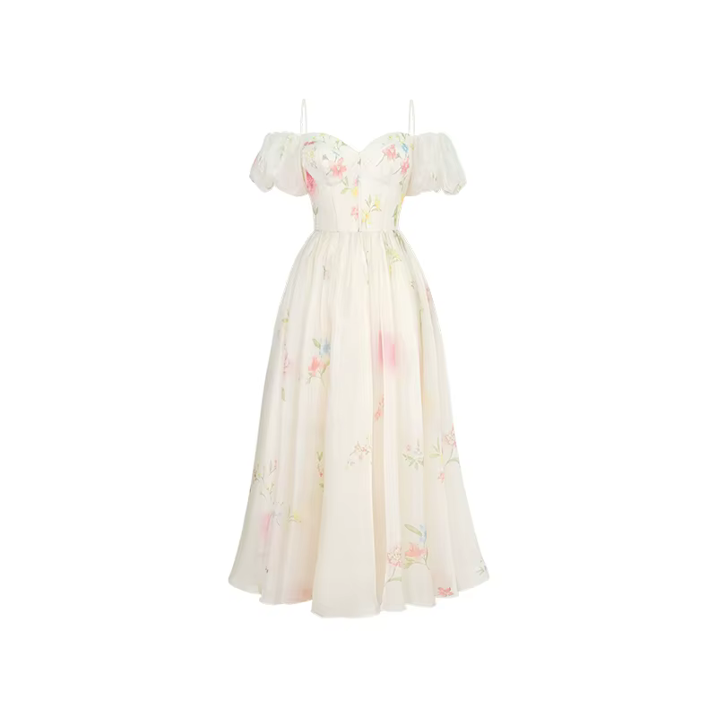 Une épaule bulle manches jarretelle robe florale été 2025 Style français jupe longue enfants robes d