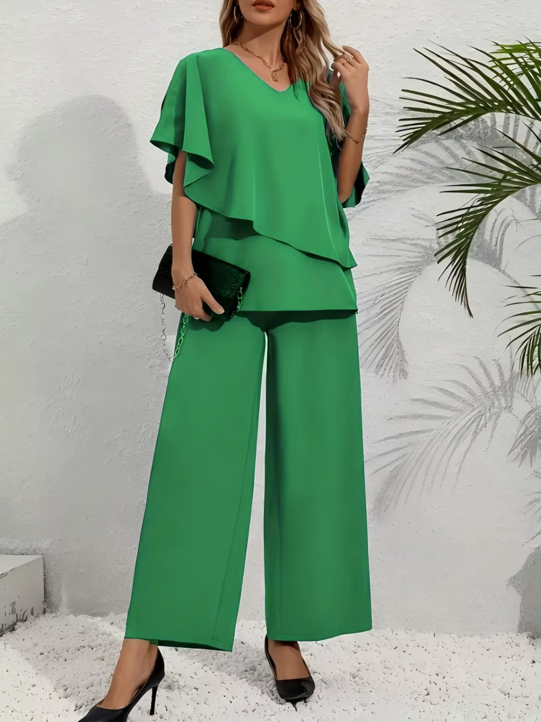 Ensemble 2 pièces pour femmes grandes tailles - Haut à manches bouffantes multicolores à col en V + 
