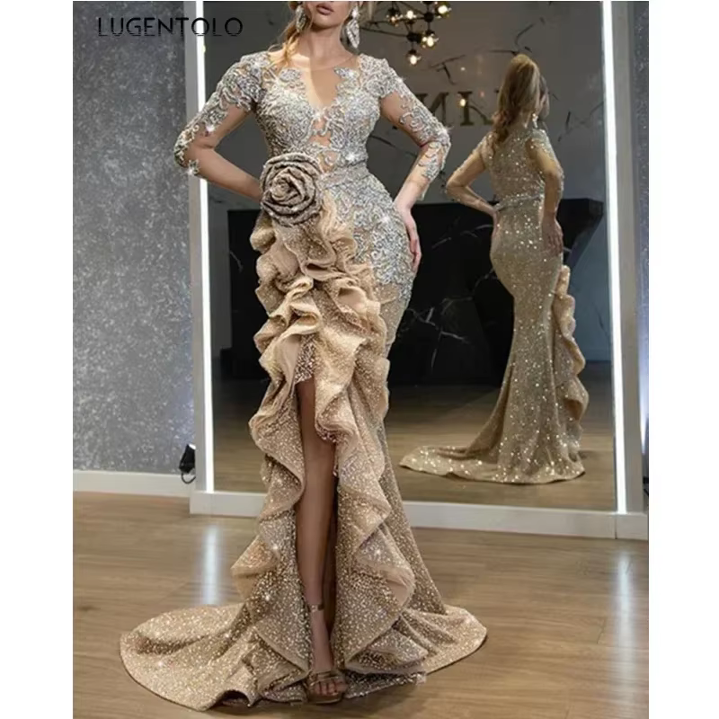 Lugentolo-Robe de soirée à paillettes pour femmes, nœud mince, manches longues, col rond, maille élé