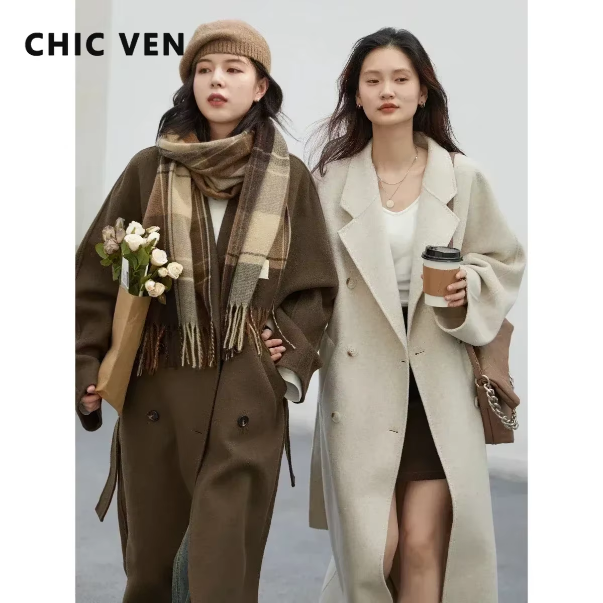 CHIC VEN – manteaux longs en laine Double face pour femme, pardessus rétro ample, Double boutonnage,