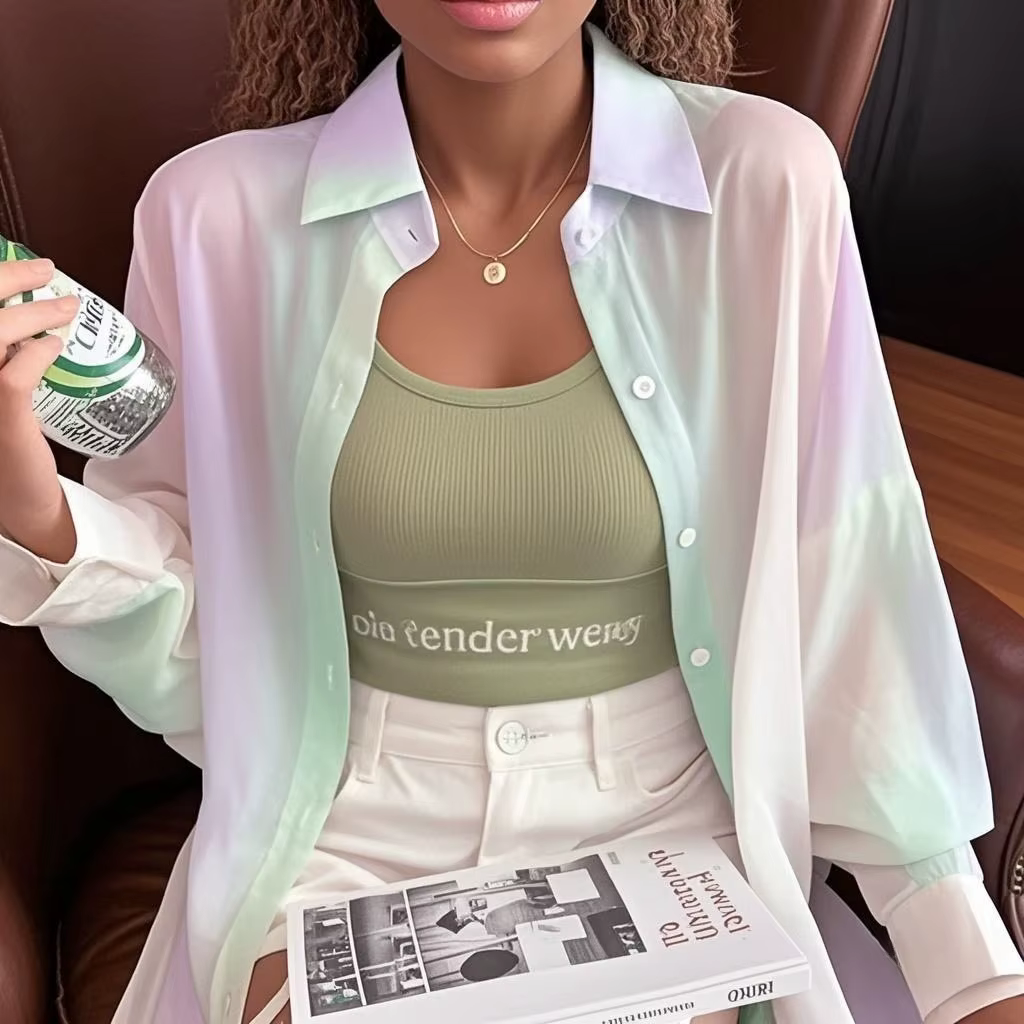 Chemise et chemisiers transparents à manches longues pour femmes, dégradé irrégulier arc-en-ciel, vê