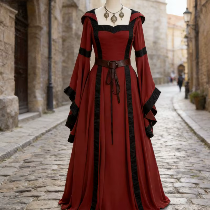 Robe maxi médiévale vintage à capuche, col carré, manches cloche, jupe évasée en dentelle