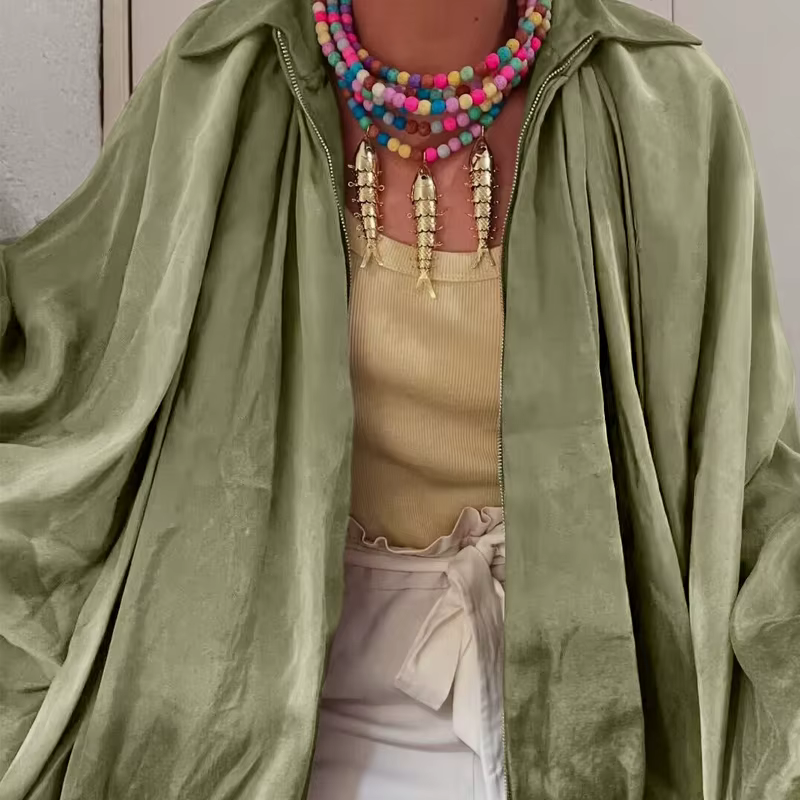 Veste bombardier femme manches longues plis vêtements de rue avec fermeture éclair vert Beige Vintag