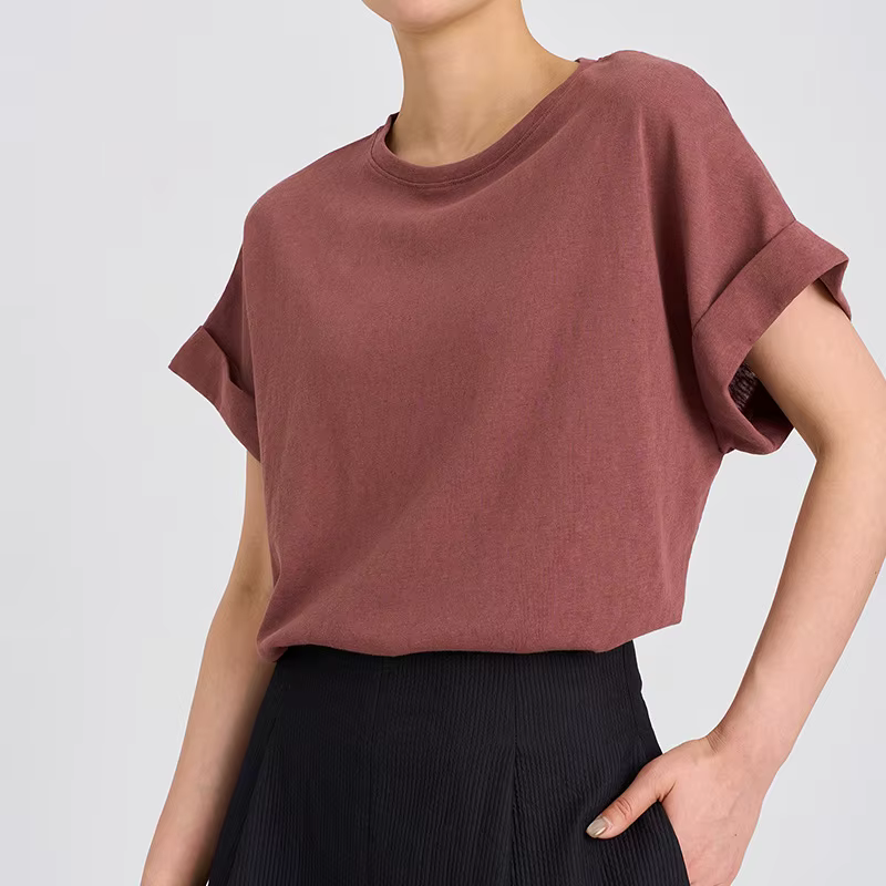 T-shirt femme à manches courtes en coton et lin, col rond, coupe oversize, style dolman, uni, printe