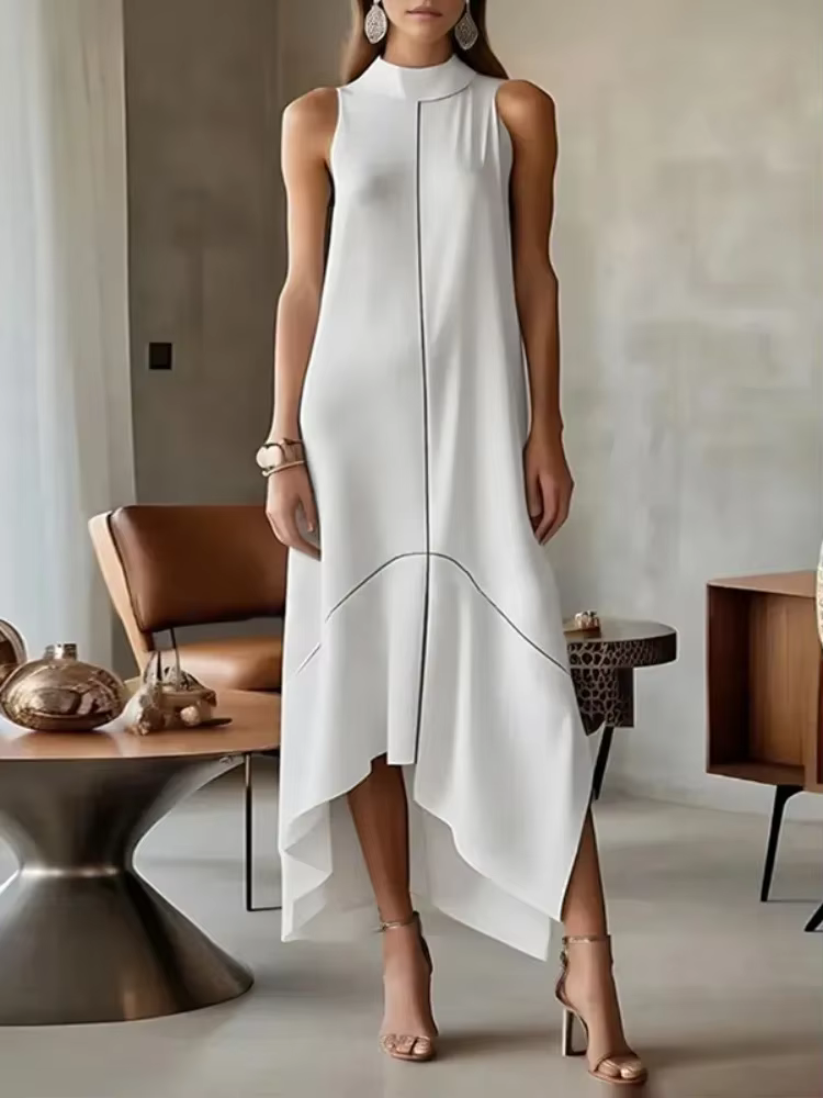 UOOZEE 2025 nouveau bureau urbain femme formel col haut Maxi robes sans manches asymétrique élégant 