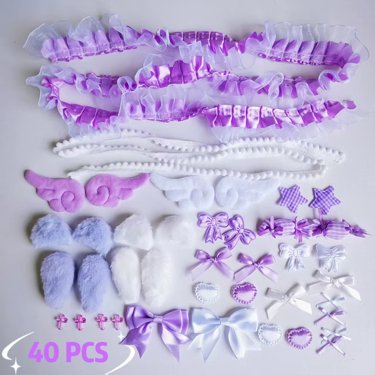 Kit de matériel en dentelle fait main, 40 pièces, oreilles de lapin en peluche, accessoires ailes d'