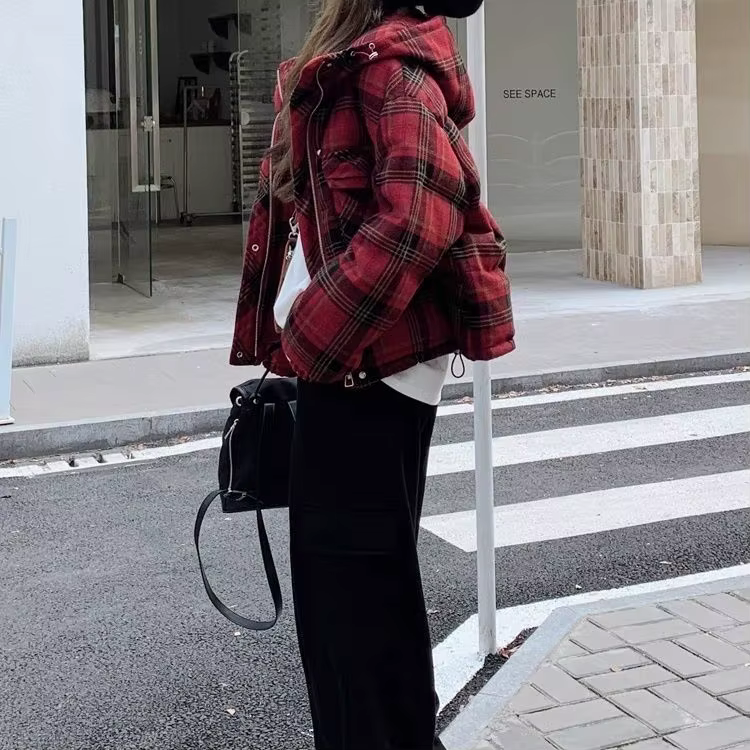 Veste courte en coton à carreaux rouge pour femme, nouveau Design, hiver 2025, 2025