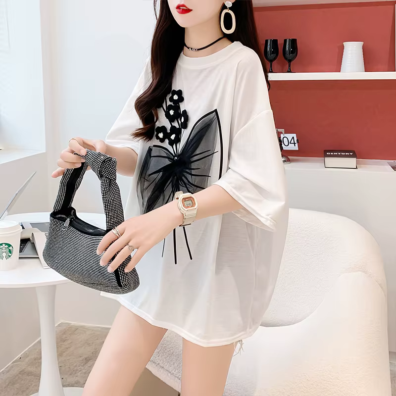 T-shirt imprimé floral 3D Mesh Bow pour femmes, col rond, demi-manche, coréen, basique, doux, nouvea