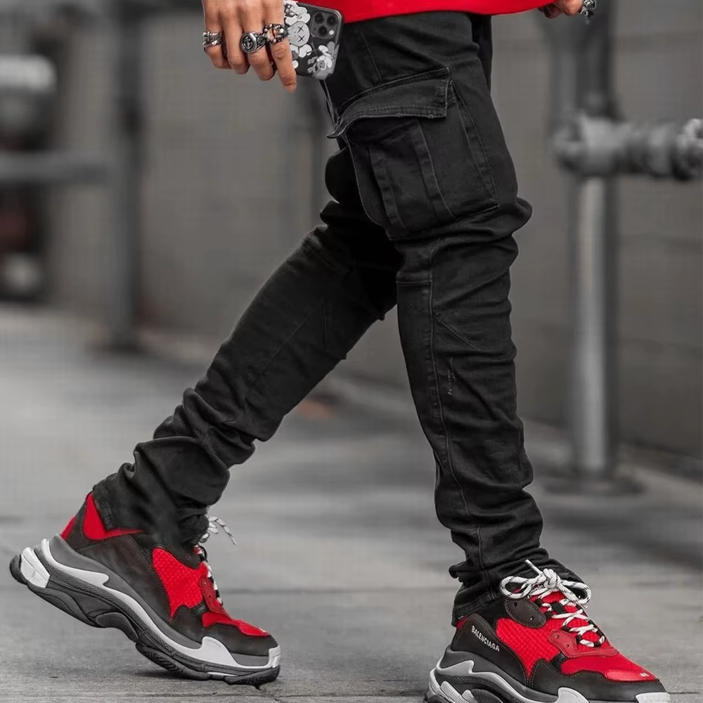 Jean élastique de rue pour hommes, pantalon Cargo en Denim, couleur unie, multi-poches, décontracté,