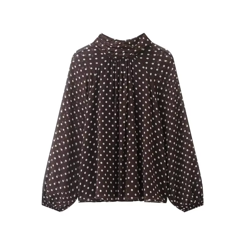 Chemisier élégant à pois pour femme, chemise en mousseline à col superposé et manches lanternes avec