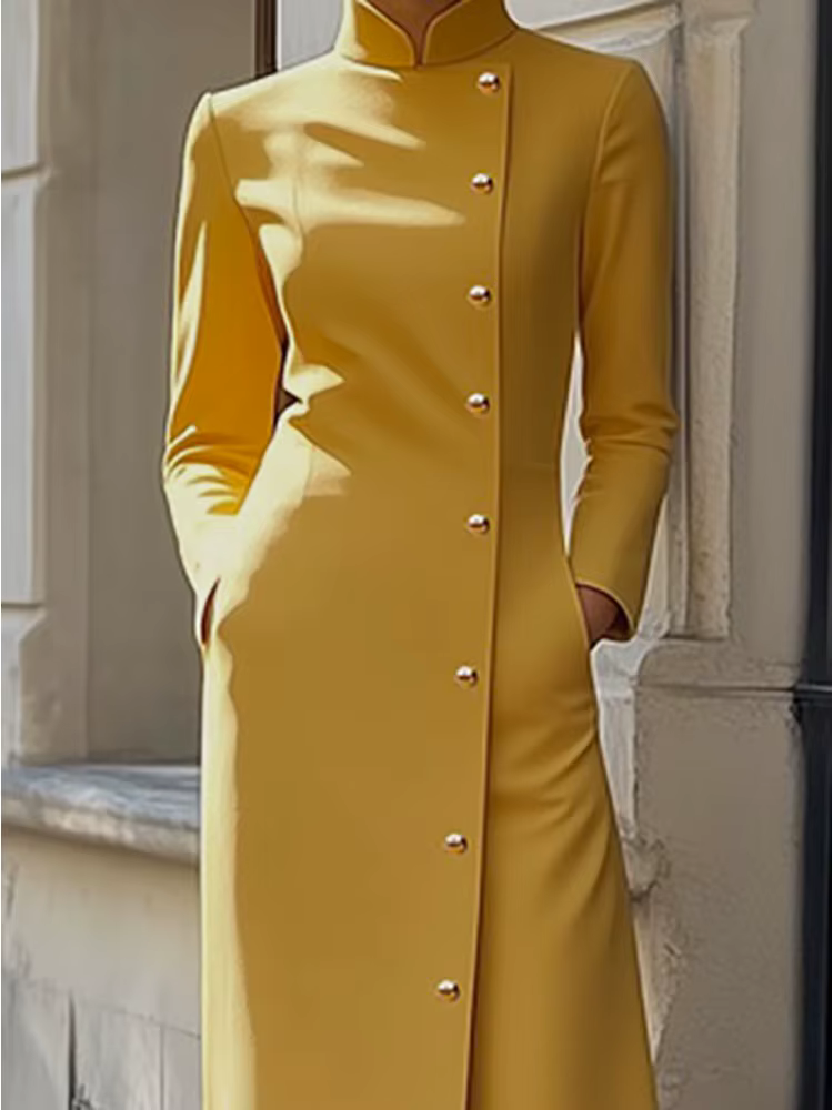 Robe longue boutonnée diagonale à col mandarin jaune pour femme Freeacy, idéale pour les invitées de