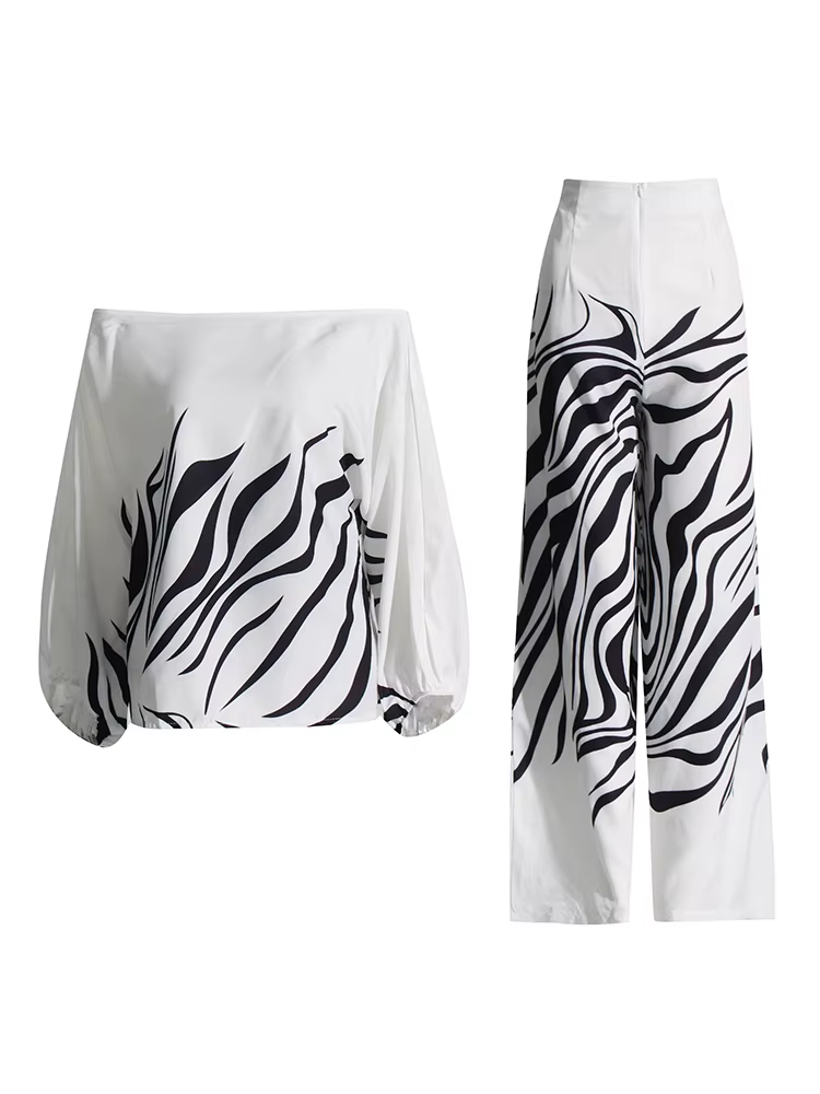TWOTWurea-Ensemble deux pièces imprimé YLE pour femme, col slash, manches lanterne, pantalon taille 