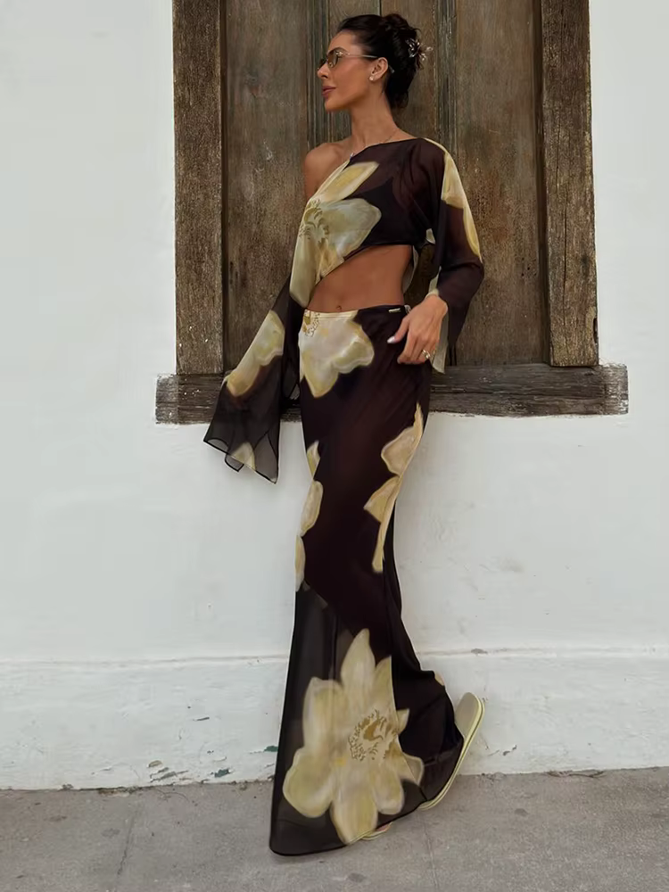 Kliou – ensemble 2 pièces imprimé Floral pour femme, col incliné, manches longues, nombril exposé +