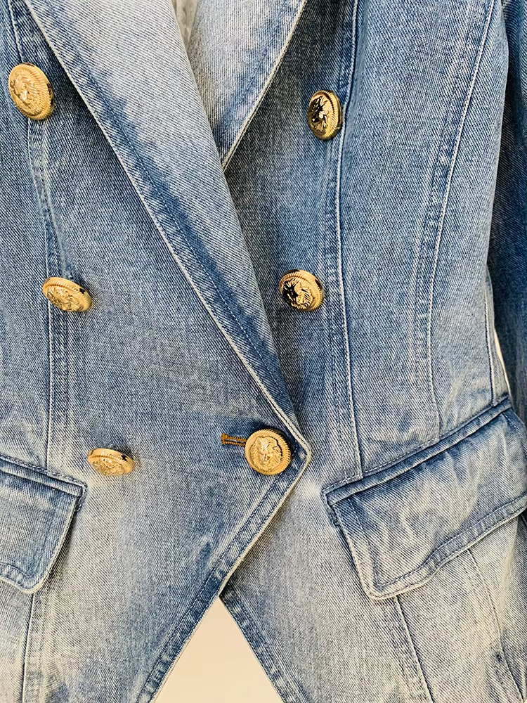HIGH STREET Nouveauté 2026 Blazer en jean pour femme, coupe ajustée, croisé, avec boutons motif lion