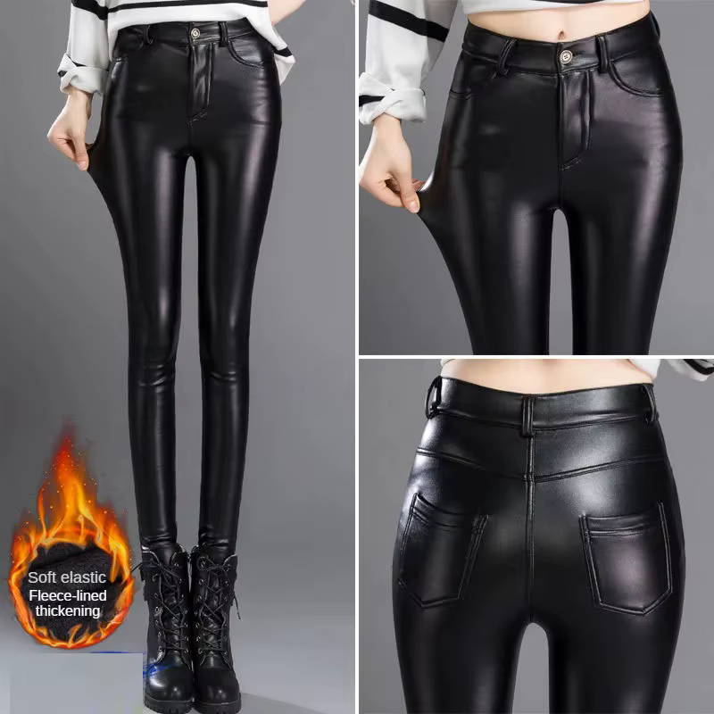 Pantalon en cuir PU en cachemire pour femme, épais et polaire, taille haute, Slim, serré, chaud, Leg