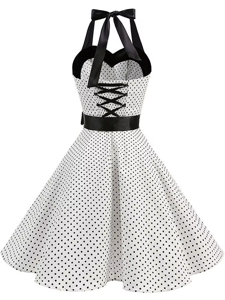 Femmes à pois imprimé Robe d'été Sexy rétro blanc licou Robe Vintage Robe Femme Pin Up Rockabilly Ro