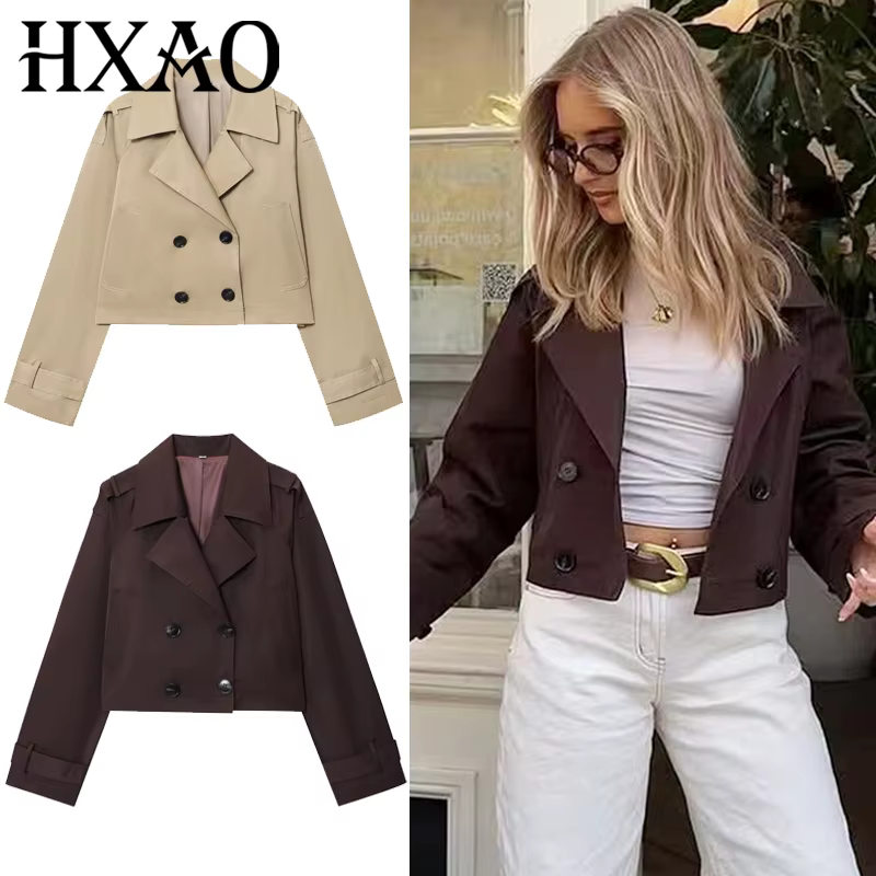 HXAO – Trench-Coat court marron chocolat pour femme, manteaux surdimensionnés à manches longues, ves