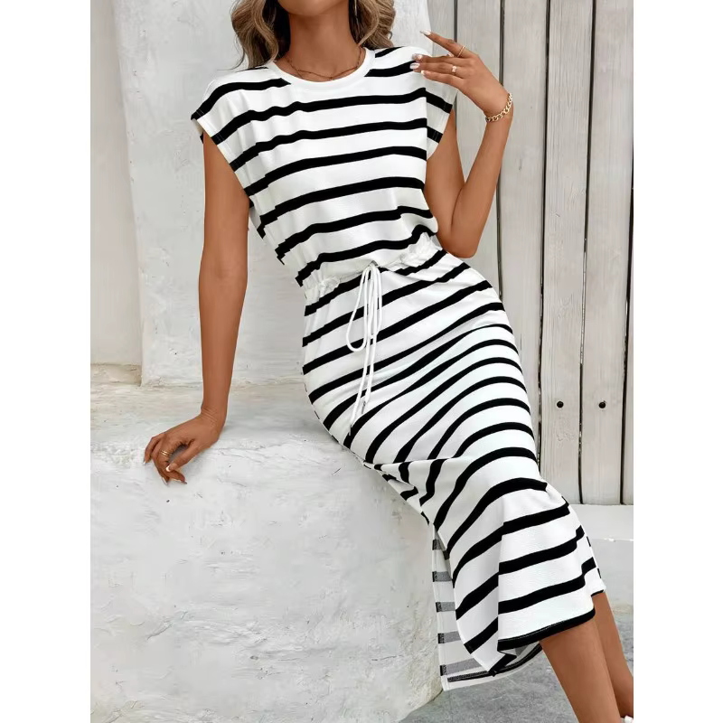 Robe décontractée à rayures noires et blanches pour femmes, col rond, robe blanche, robe d'été