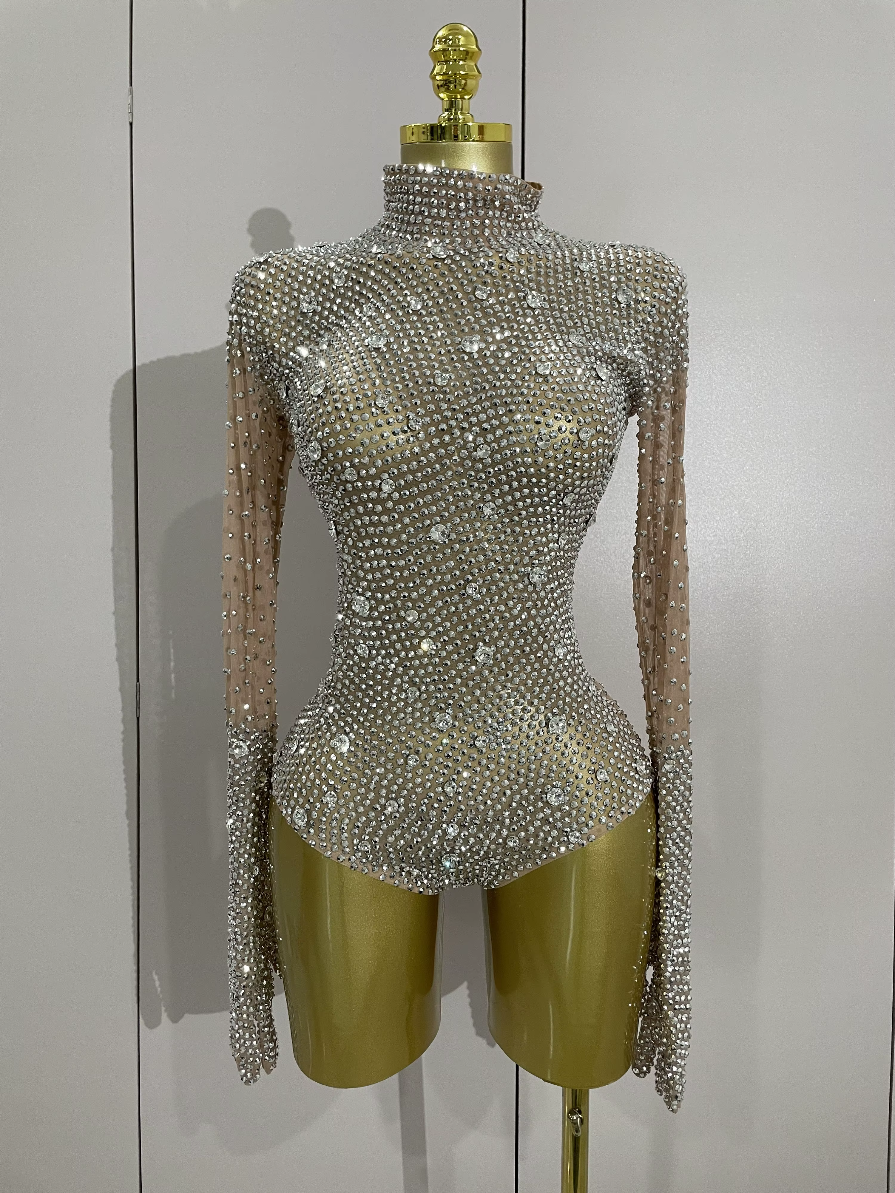 Gants à manches longues avec strass scintillants, body extensible pour femmes, soirée de luxe, fête 