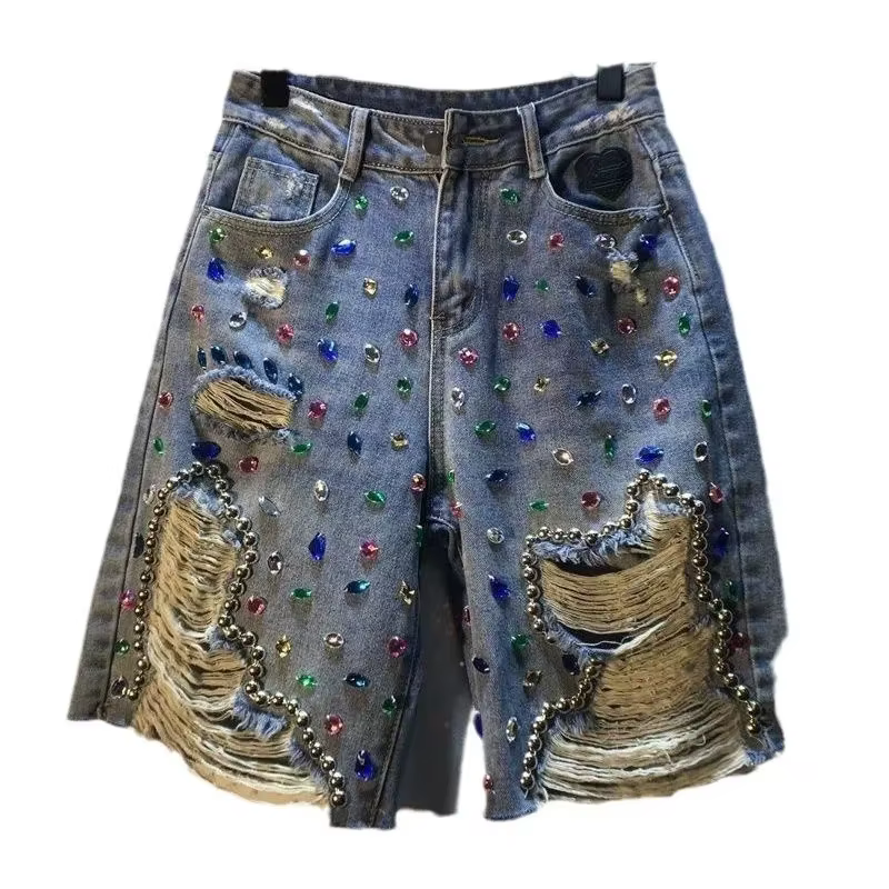 Pantalon court d'été pour femmes, taille haute, avec trous, extensible, en détresse, diamants délavé