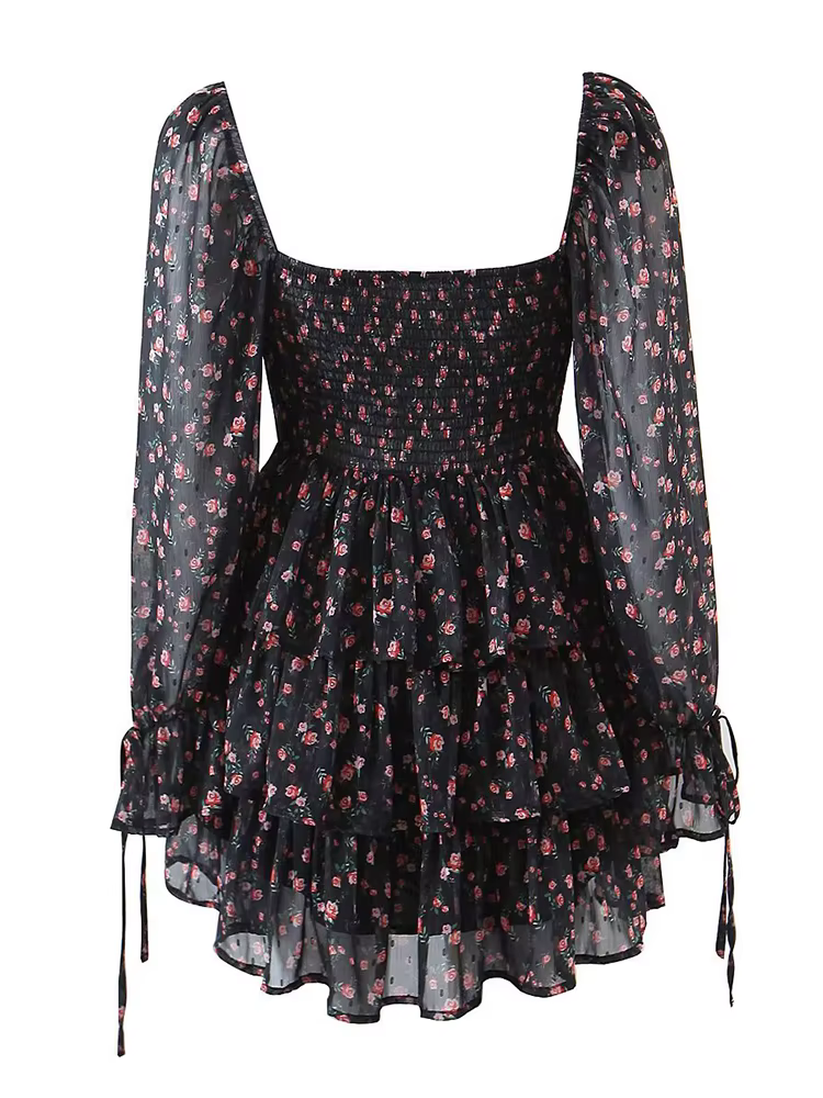 YENKYE automne mode femmes Vintage imprimé fleuri robe en mousseline de soie Sexy Semi-transparent à