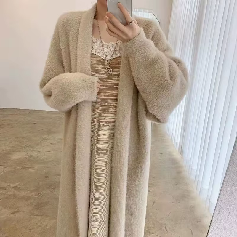 Cardigan long blanc pour femme, nouvelle collection hiver 2026, tricoté, moelleux, à manches longues