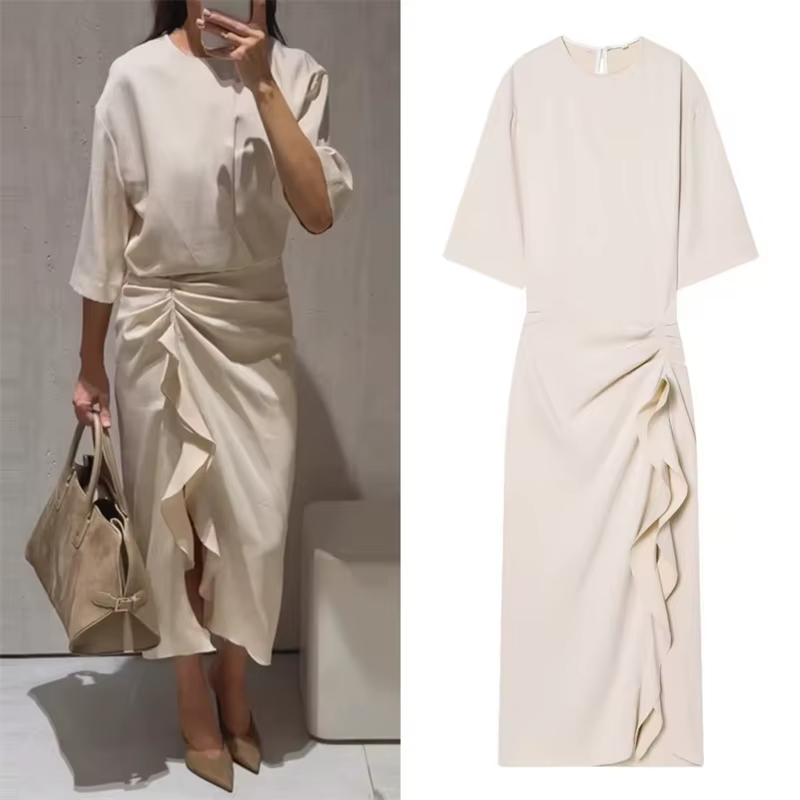 Robe pour femme, nouvelle collection printemps 2026, rose nude, manches courtes, plissée, décorée, r