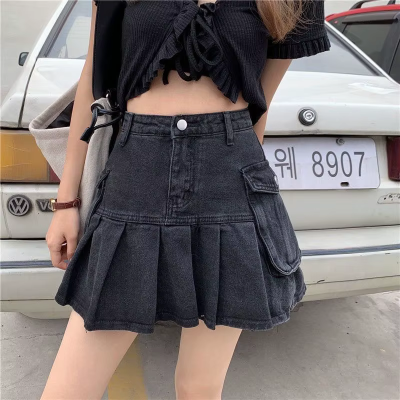 Jupes en Jean noires pour femmes, Streetwear, taille haute, courtes, Slim, Sexy, plissée, avec poche