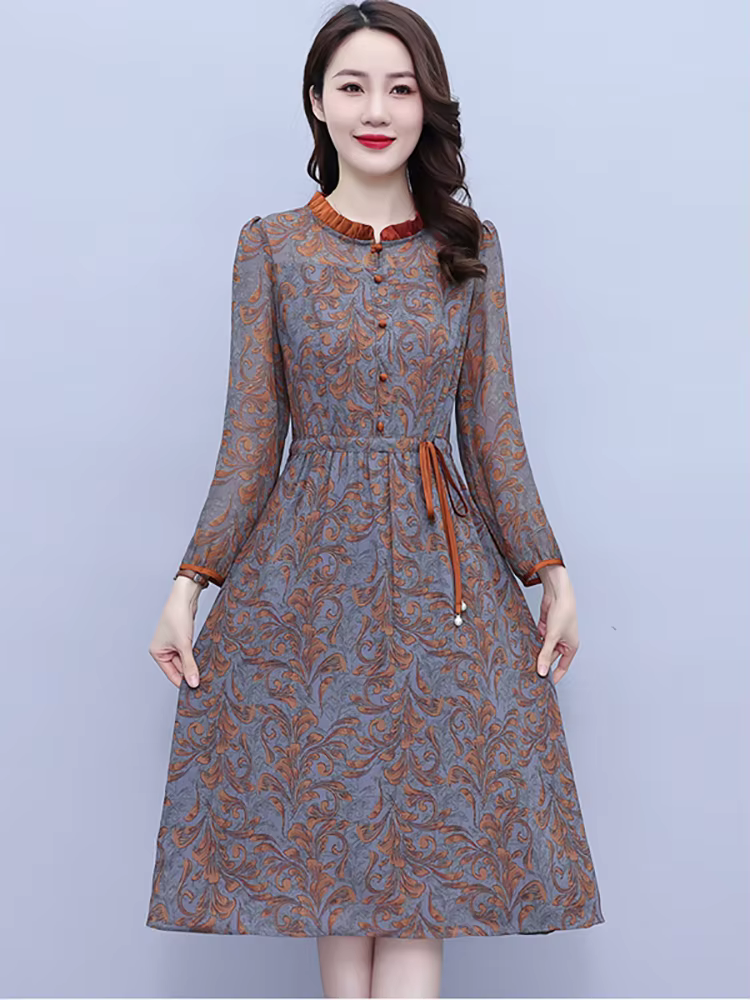 Robe mi-longue à manches longues et col à volants pour femmes, robe de soirée élégante, tambour coré