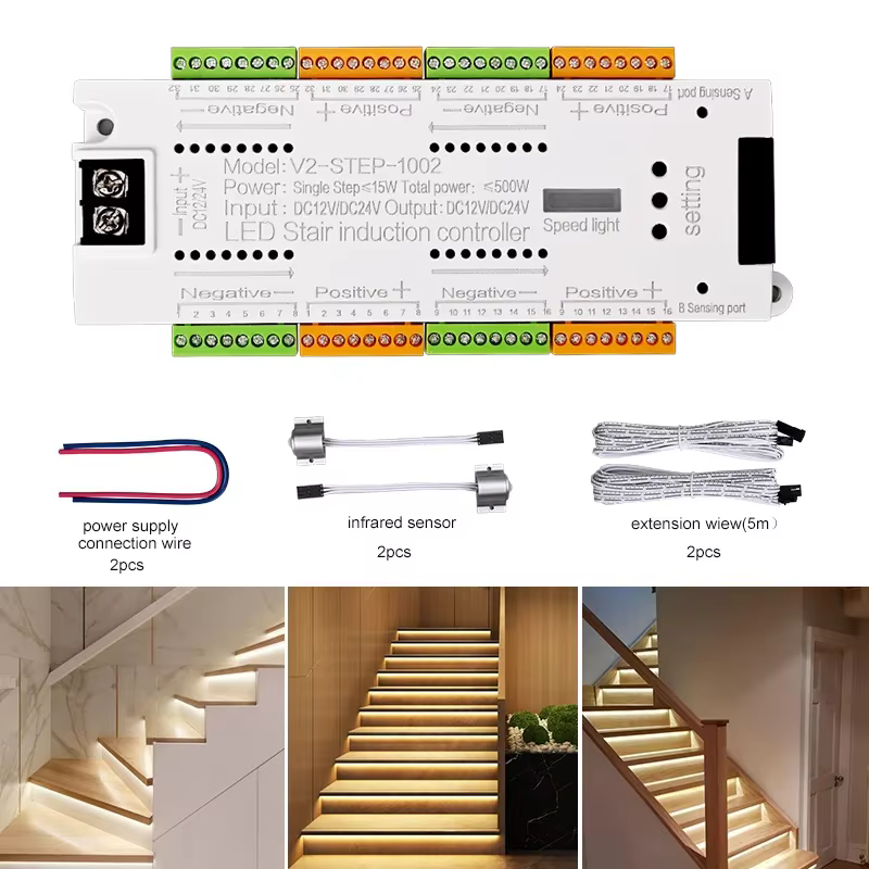 V2 escalier lumière LED contrôleur DC 12V 24V 32 canaux escaliers intérieurs PIR capteur variateur c