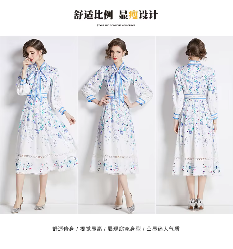 Robe imprimée à manches longues pour femmes, col rond, nœud papillon, taille amincissante, longueur 