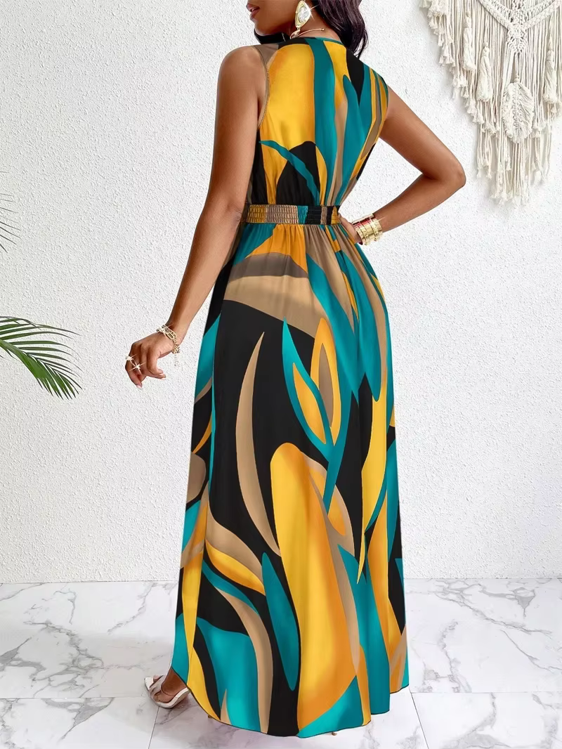 Robe femme sans manches, col en V, longueur au sol, avec imprimés abstraits, à la mode pour la plage