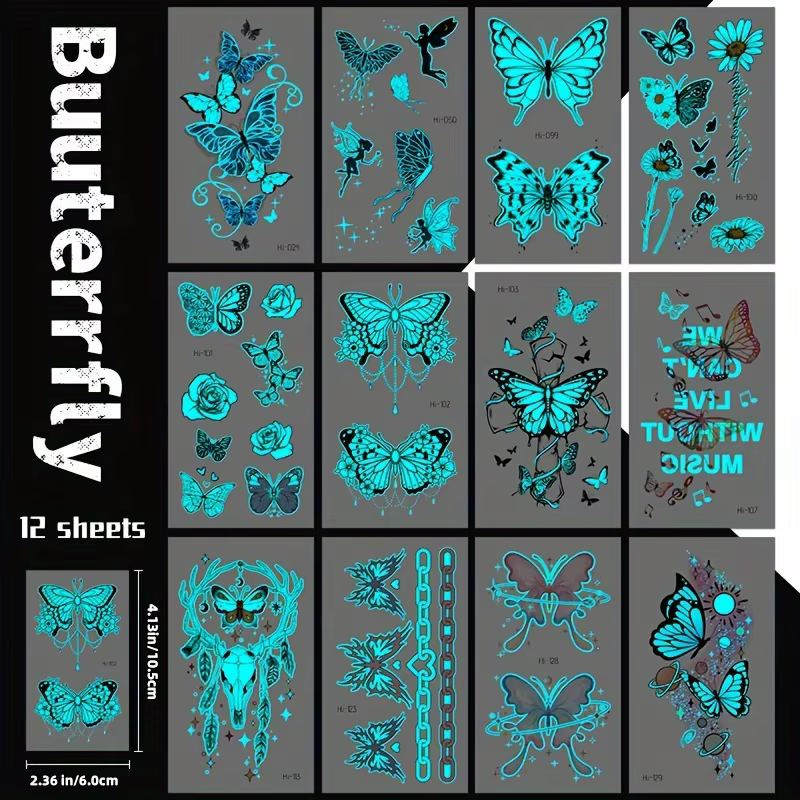 Tatouage temporaire lumineux papillon, 12 feuilles, autocollant bleu qui brille dans la nuit, pour f