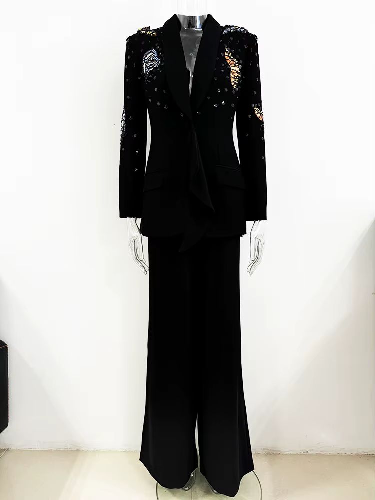 Blazer perlé papillon 3D pour femme, ensemble pantalon large, nouvelle mode, designer, piste trempée