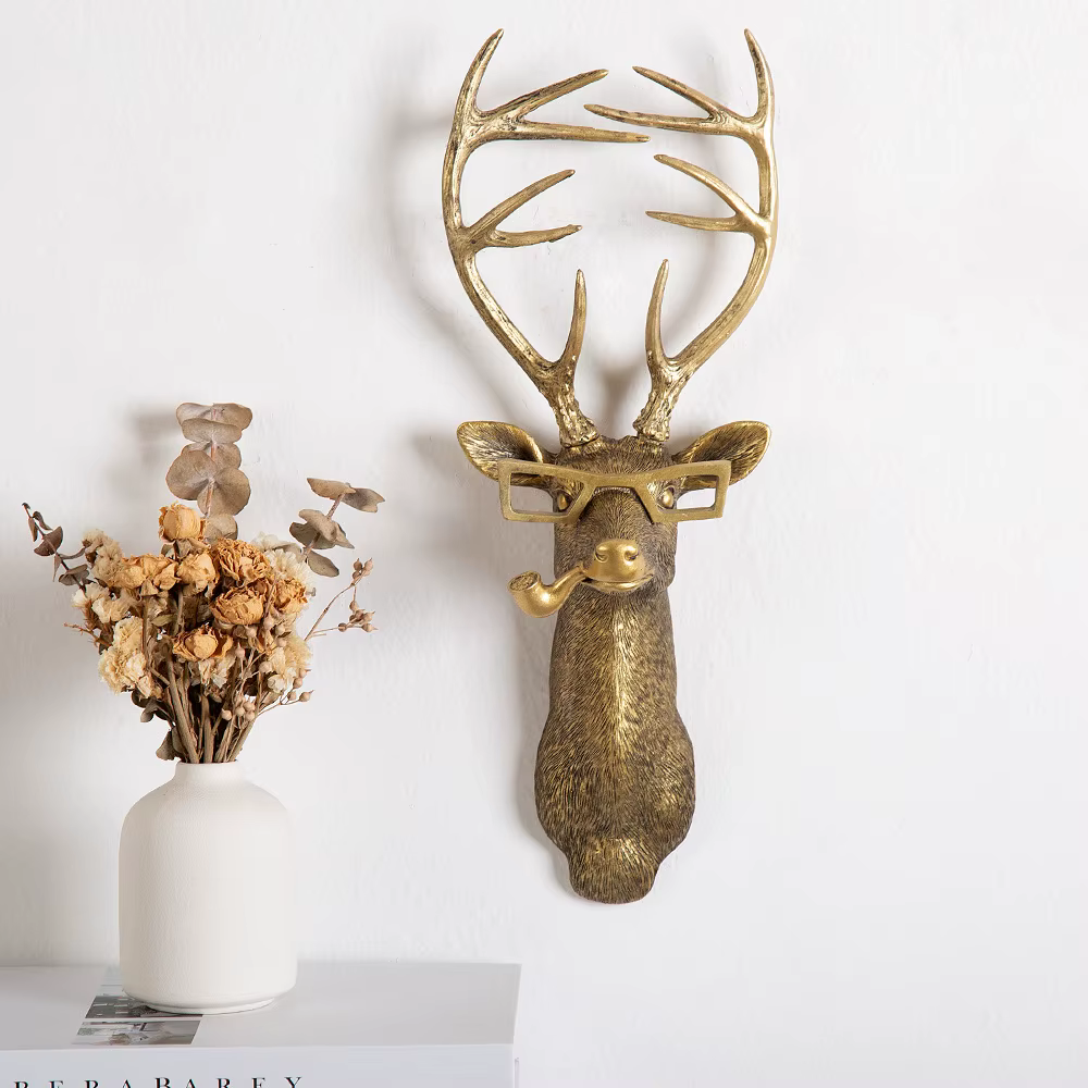 Pendentif Animal en résine Bronze Antique, tête de cerf doré, crochet de rangement mural, accessoire