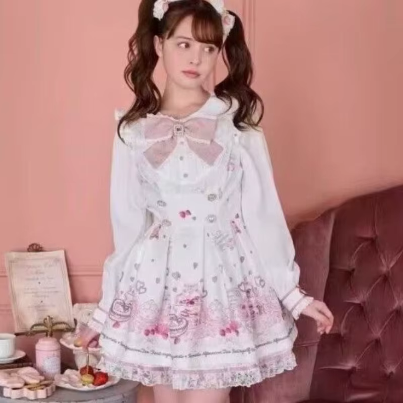 Ensemble robe japonaise Kawaii avec nœud en strass pour femme, style Lolita doux et mignon, chemise 