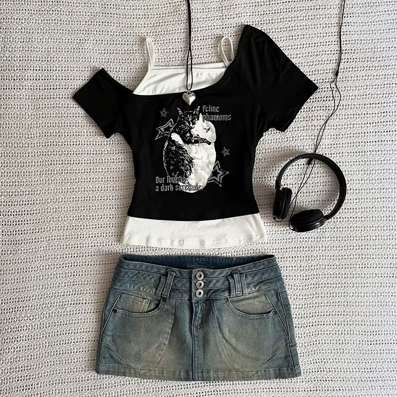 Asthetische Goth Fledermaus Brief Y2K Stil zweitelige T-Shirt Kurzarm Weste Harajuku Streetwear Hose