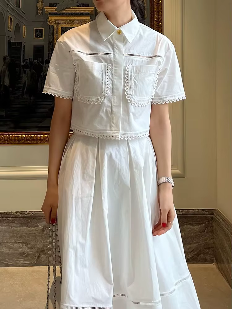 GALCAUR-Ensemble Deux Pièces Élégant pour Femme, Revers, Manches Courtes, Taille Haute, Ligne A, Jup