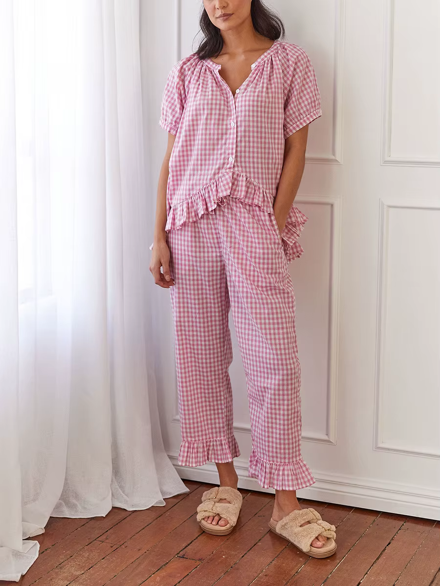 Pyjama à carreaux à manches bouffantes sur le devant pour femmes, chemise nuisette, pantalon vichy, 