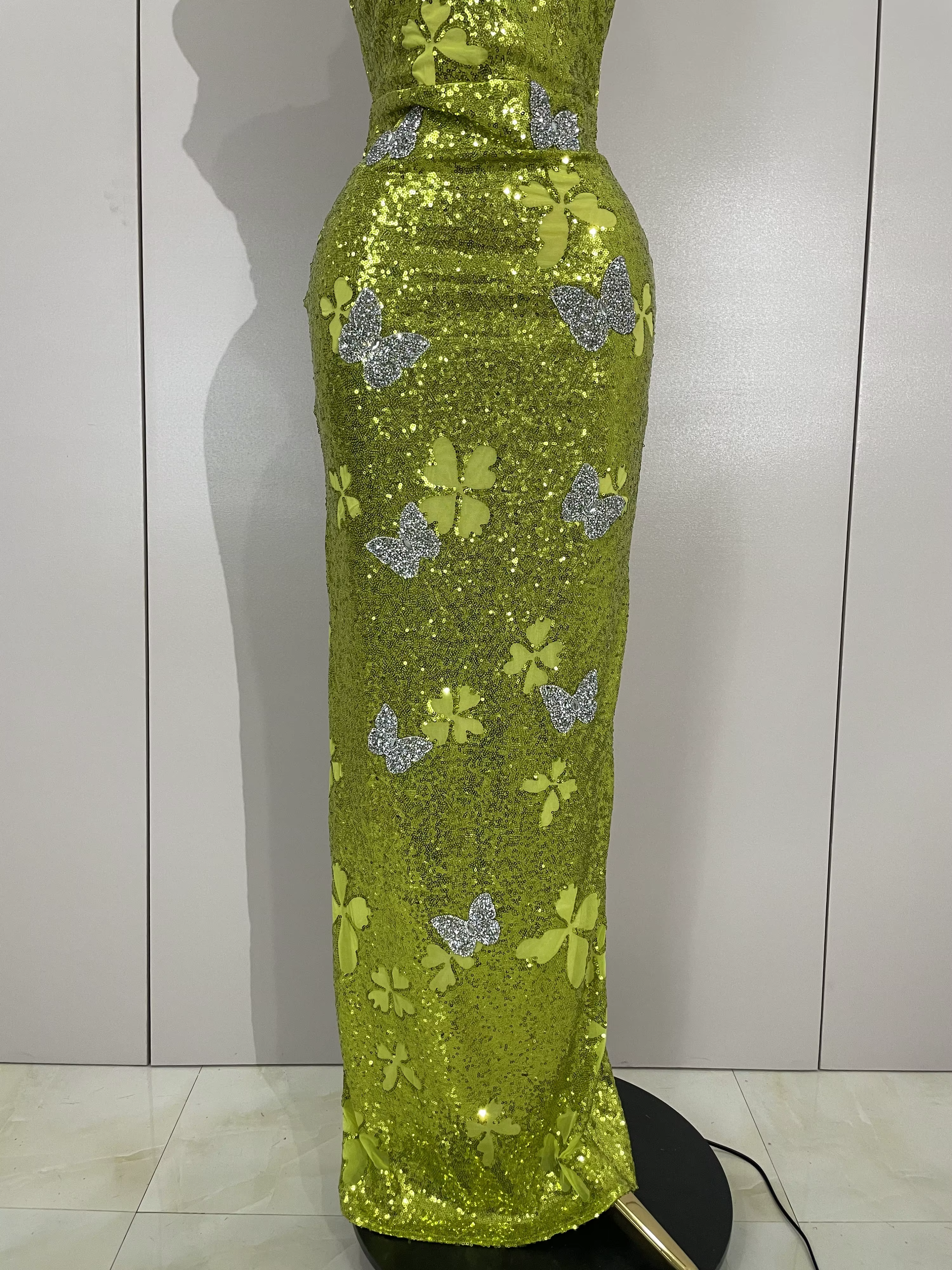 Élégant brillant papillon cristal Sexy licou vert moulante longue robe femmes célébrer soirée fête d