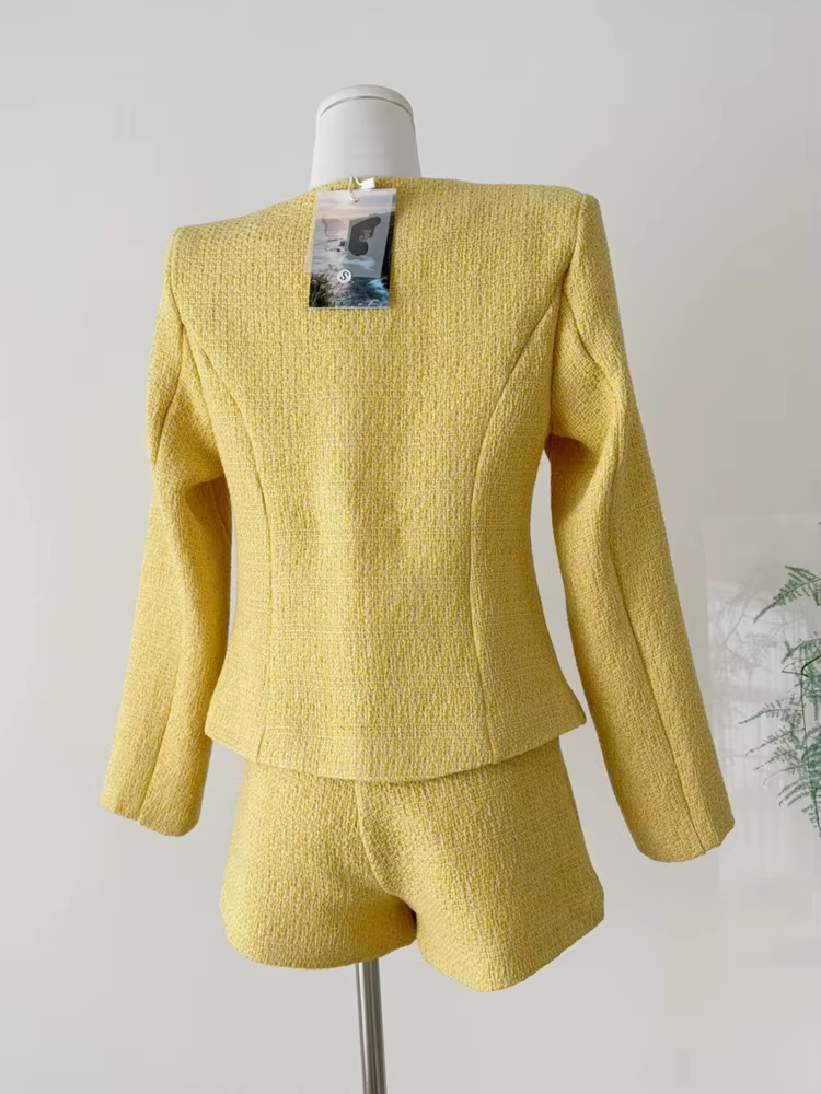 Haut de gamme élégant femme Tweed veste manteau + taille haute Shorts ensemble femmes français mince