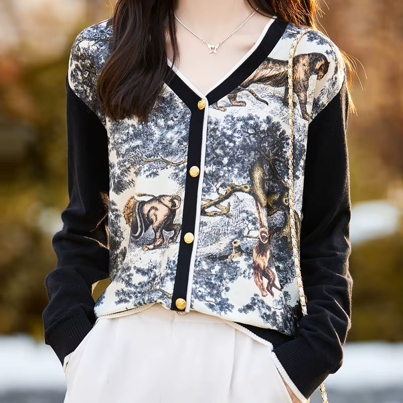 Cardigan imprimé à col en v pour femmes, 100% laine, couture de soie, pull, nouveau, décontracté, tr