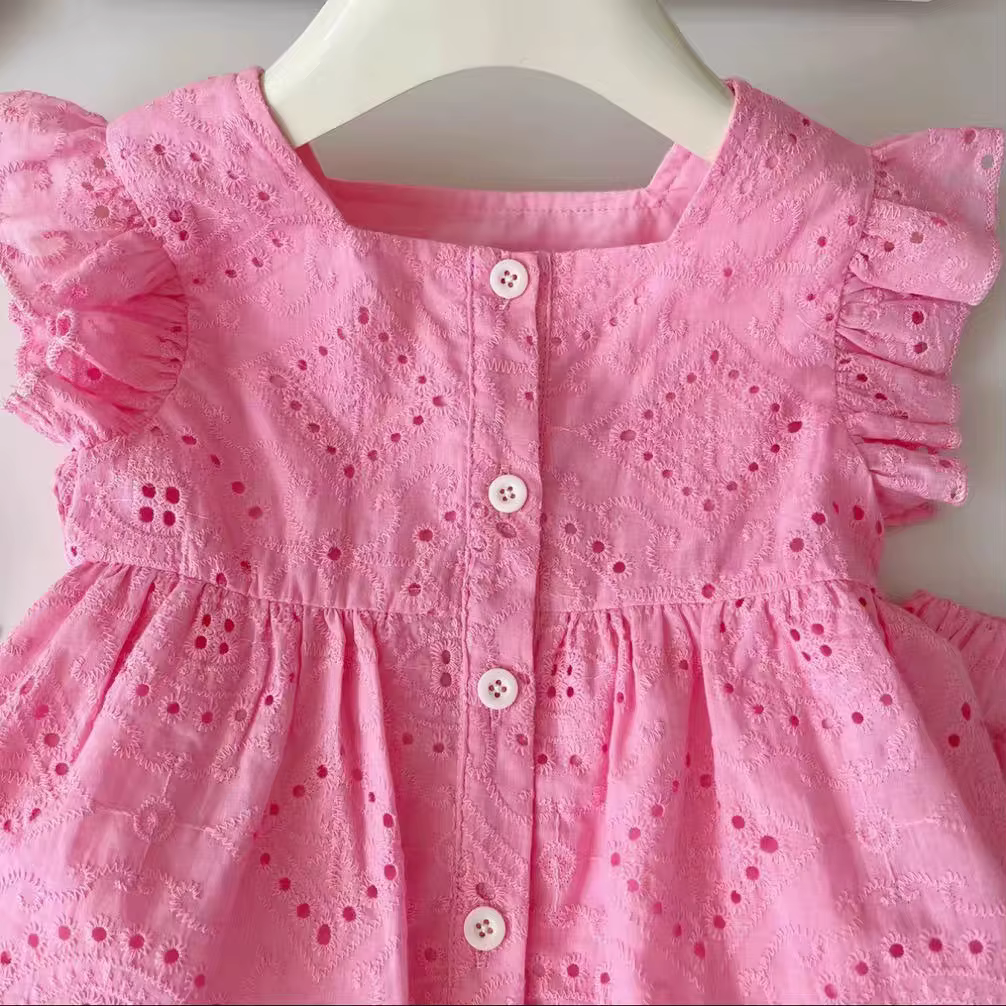 Nouveau style coréen filles été rose coton costume bébé creux petites manches volantes haut + short 