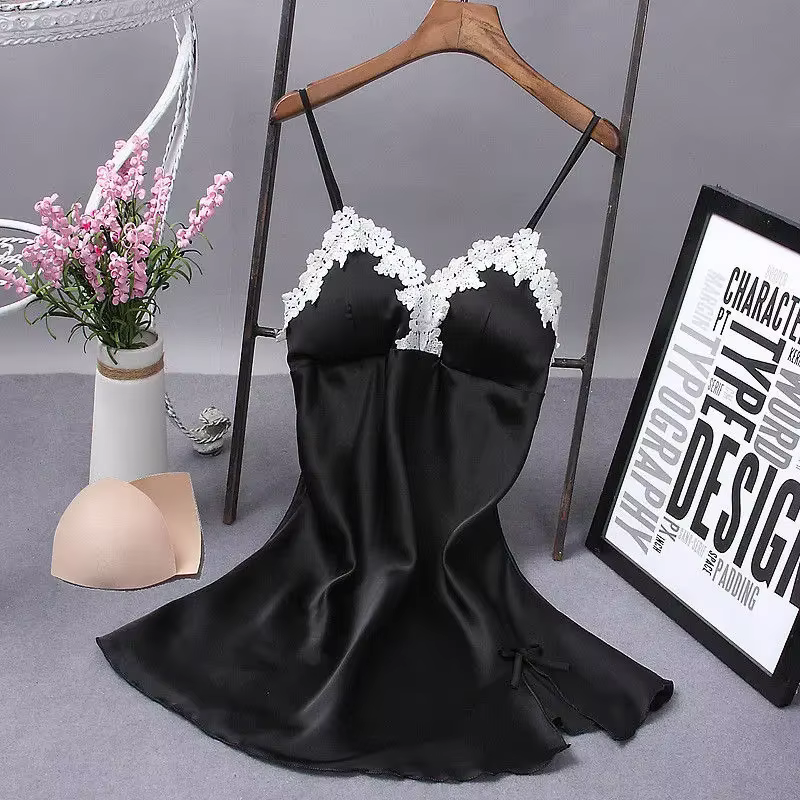 Robe de nuit en soie pour femmes, Sexy, bretelles avec nœud en dentelle, vêtements de nuit, Costumes