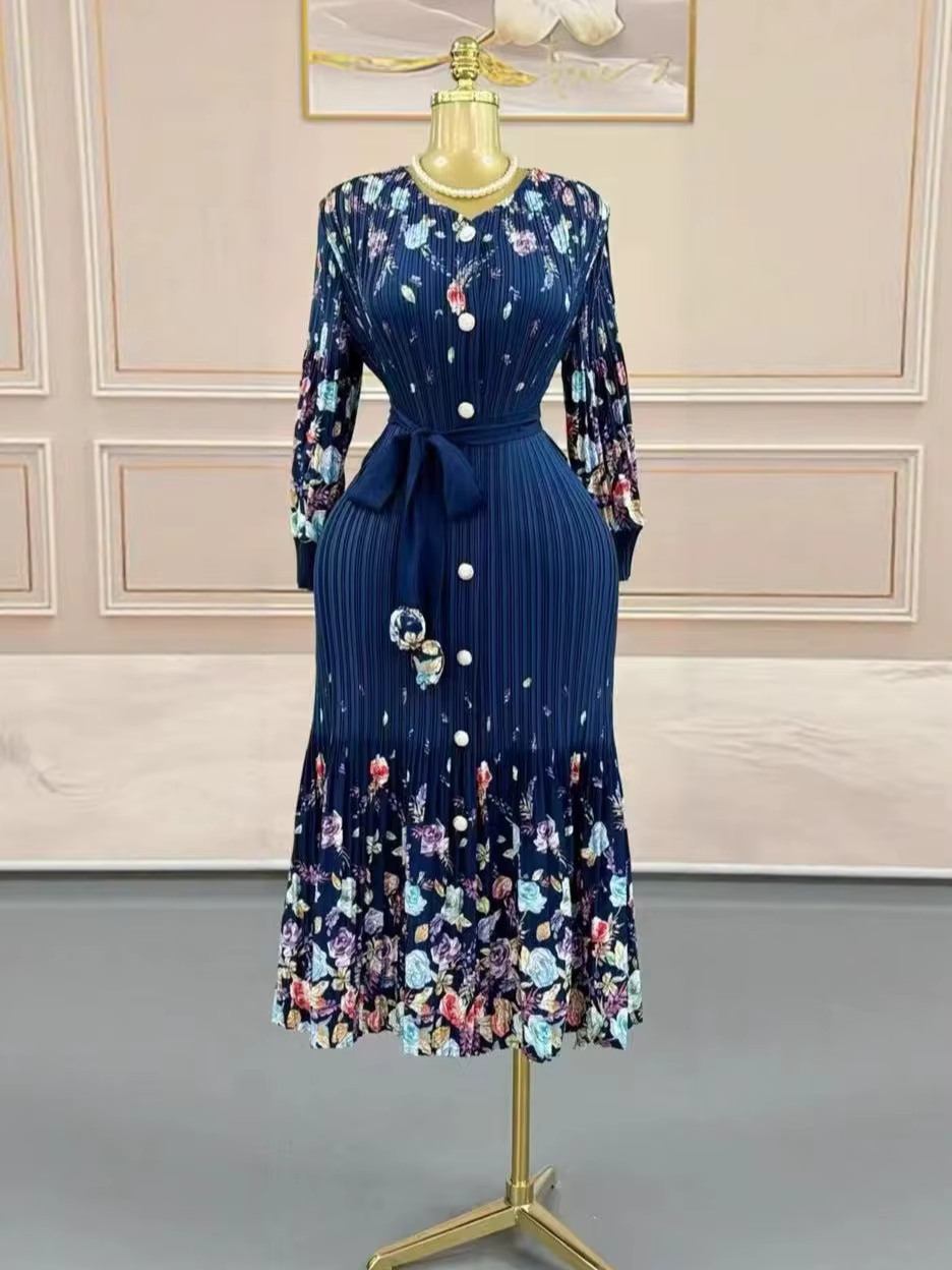 Miyake – robe imprimée à boutons, tempérament, ample, coupe cintrée, longueur moyenne, vêtements pou