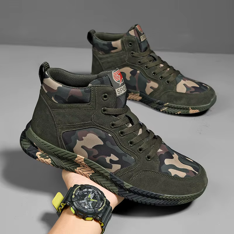 Baskets montantes en toile camouflage pour hommes, chaussures de marche décontractées à lacets, anti