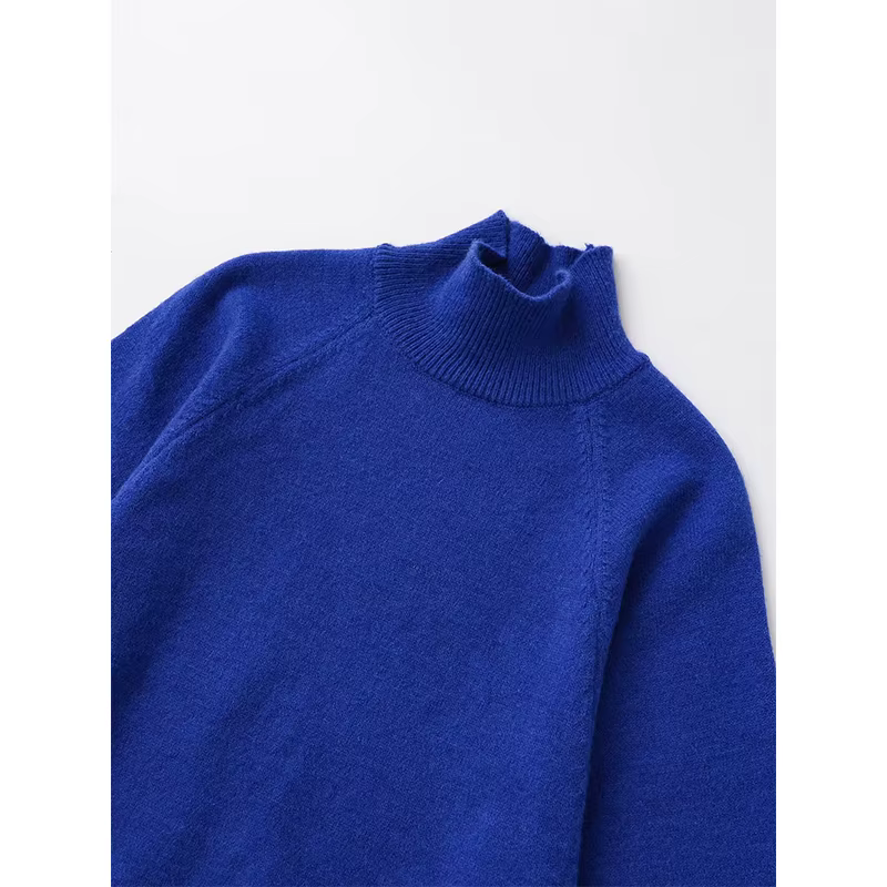 Pull en tricot bleu à manches larges pour femme, pull court à col haut, printemps 2025