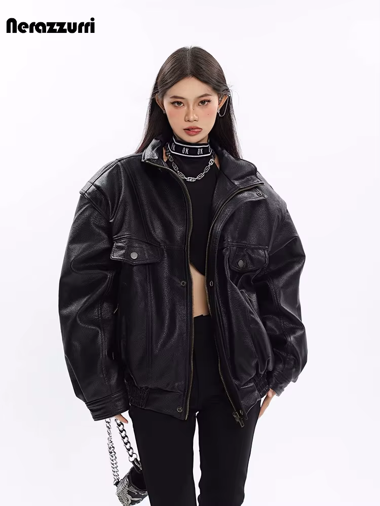Nerazzurri – veste en cuir Pu noir pour femme, vêtement surdimensionné, coupe-vent, épais, fermeture